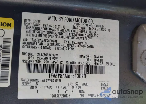 2015 Ford Mustang V6 из США, поврежденный, VIN 1FA6P8AM6F5430901